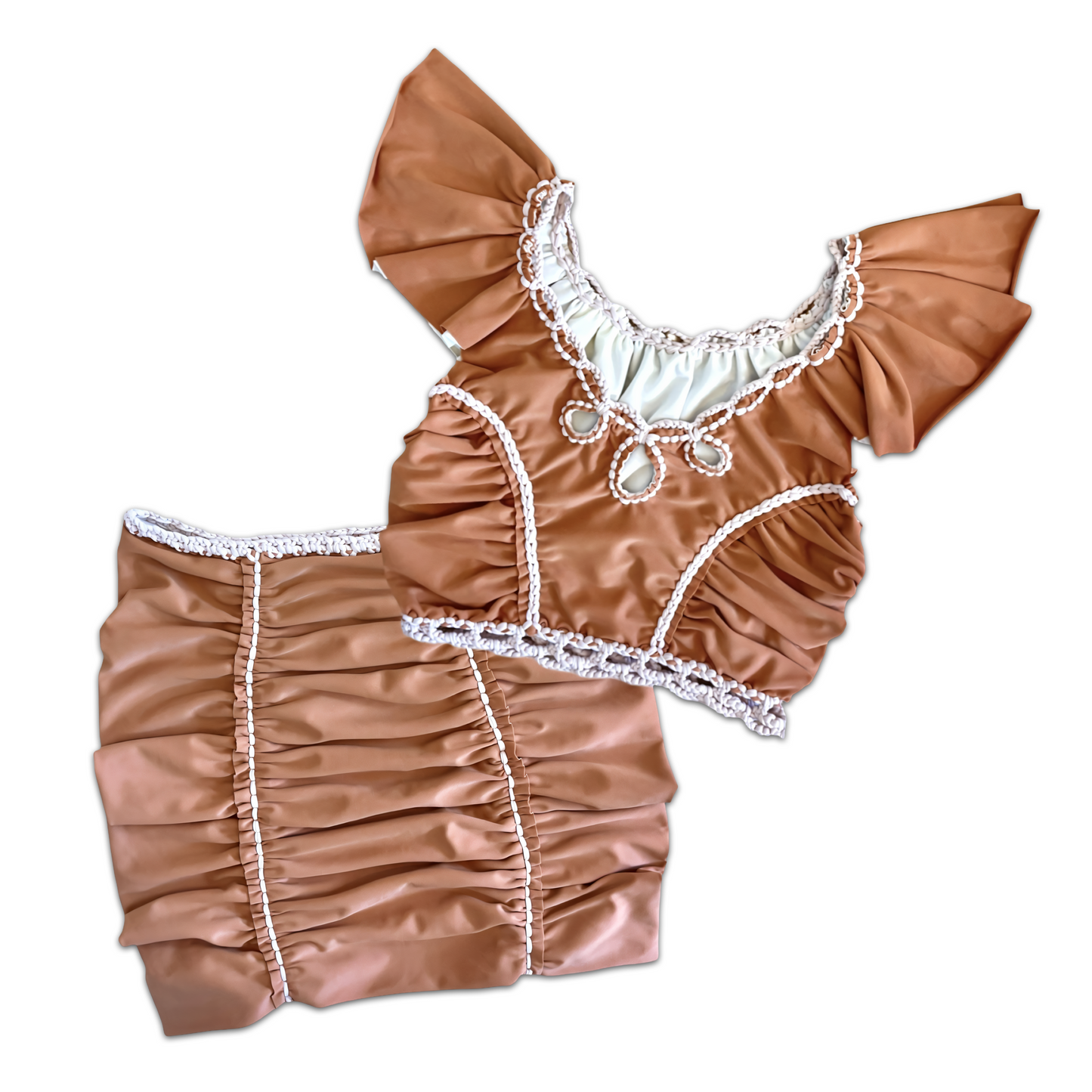 TWO PIECE SET rodeo flutter sleeve top and pencil mini skirt • cream and copper with clay cord