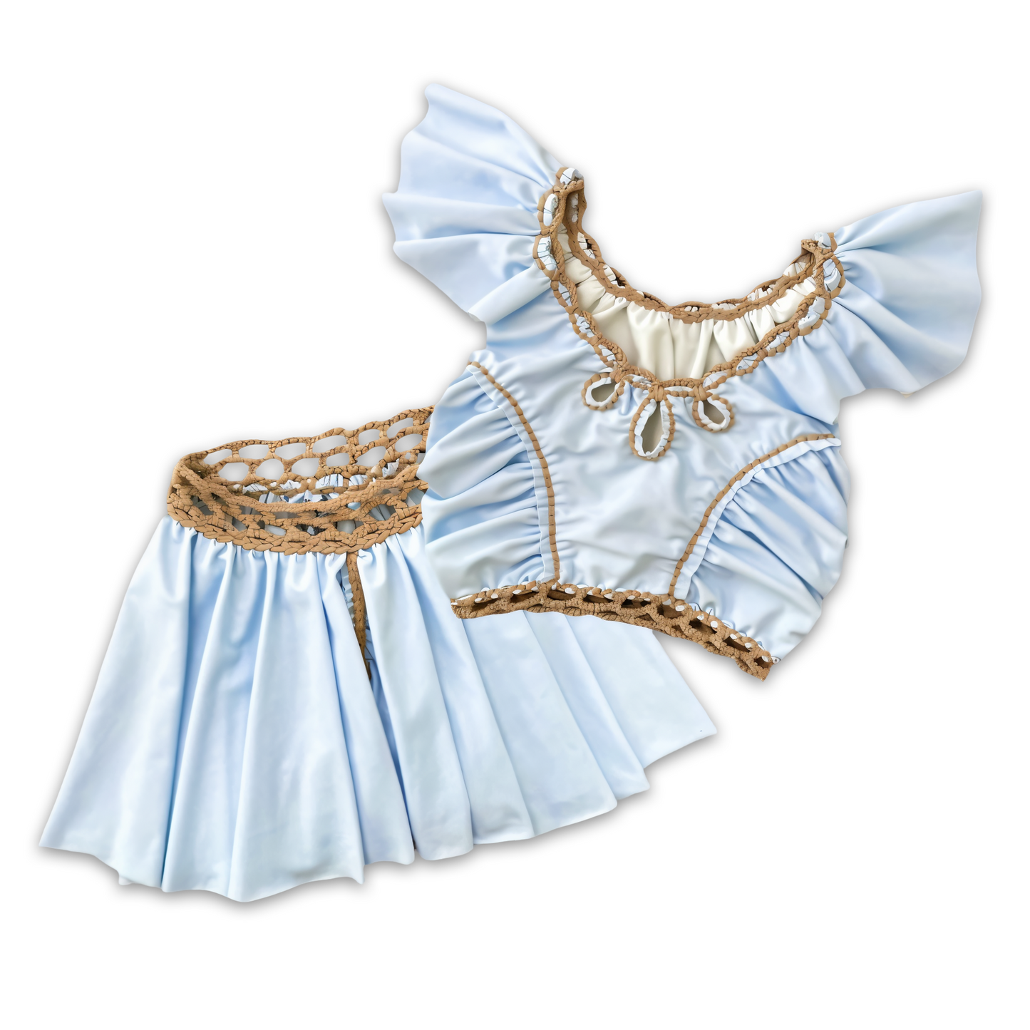 TWO PIECE SET rodeo flutter sleeve top and mini shorts • white and sky