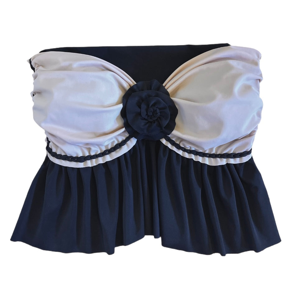 TWO PIECE SET split ruffle rose top and peplum mini skirt • black and clay