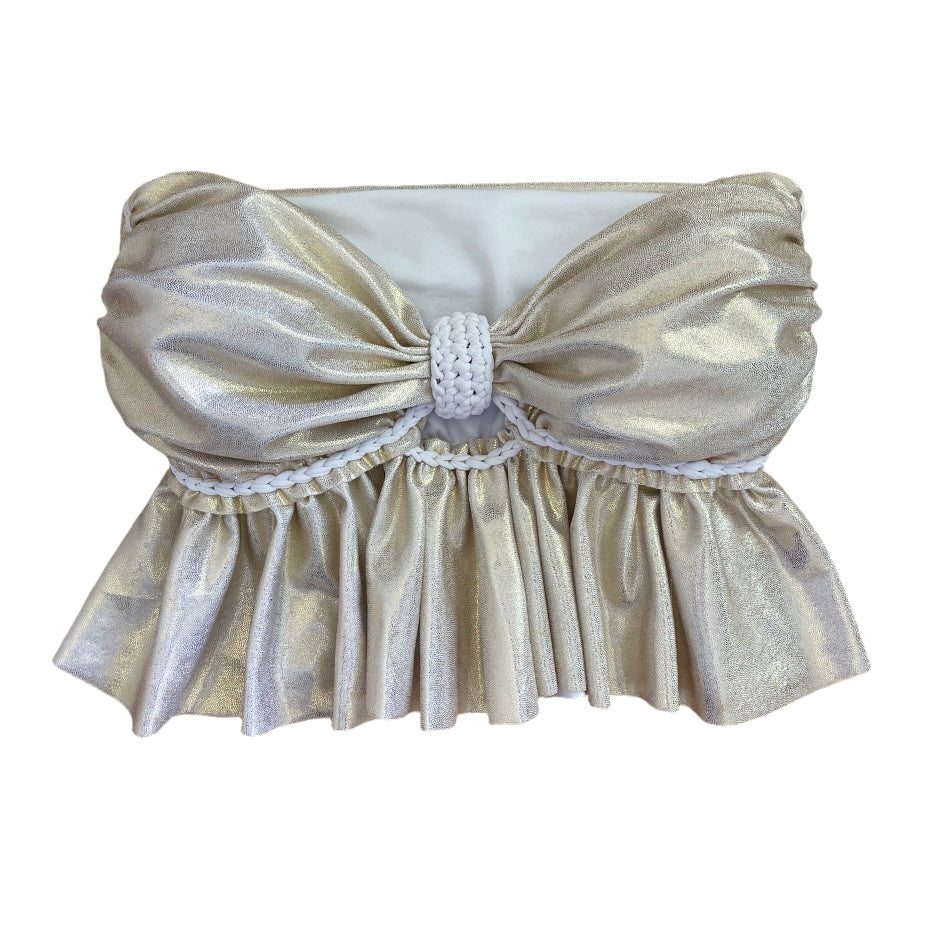 REVERSIBLE CROCHETED RUFFLE BOW TUBE TOP • metallic white gold and white