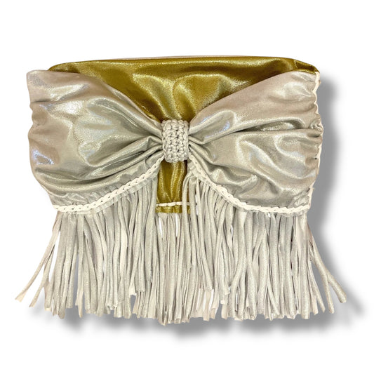 TOP REVERSIBLE CON LAZO Y FLECOS DE GANCHILLO • plateado metalizado y dorado