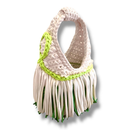 CROCHETED MINI FRINGE WRISTLET • cream and green