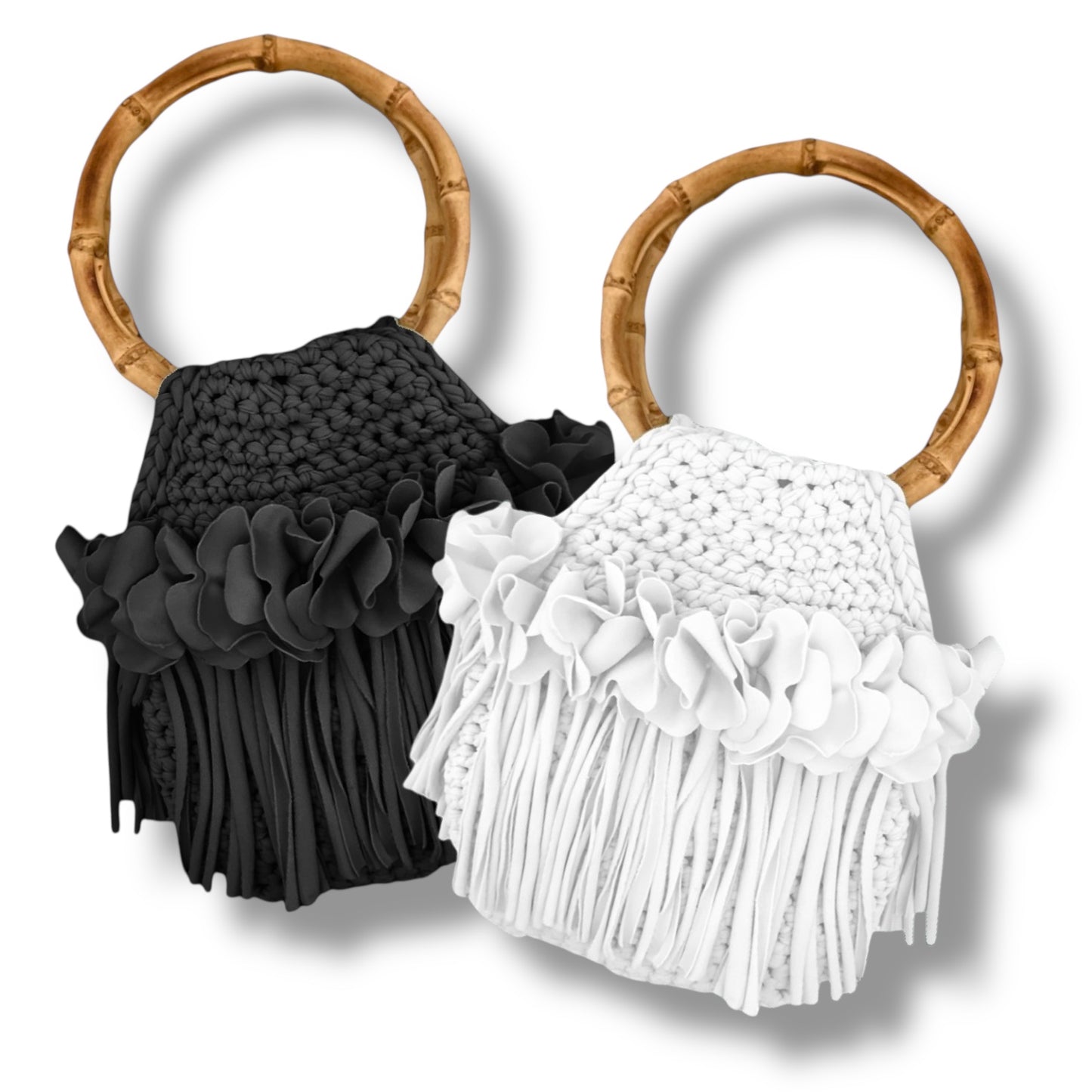 CROCHETED MINI FLOWER FRINGE WRISTLET WITH BAMBOO HANDLES • black or white