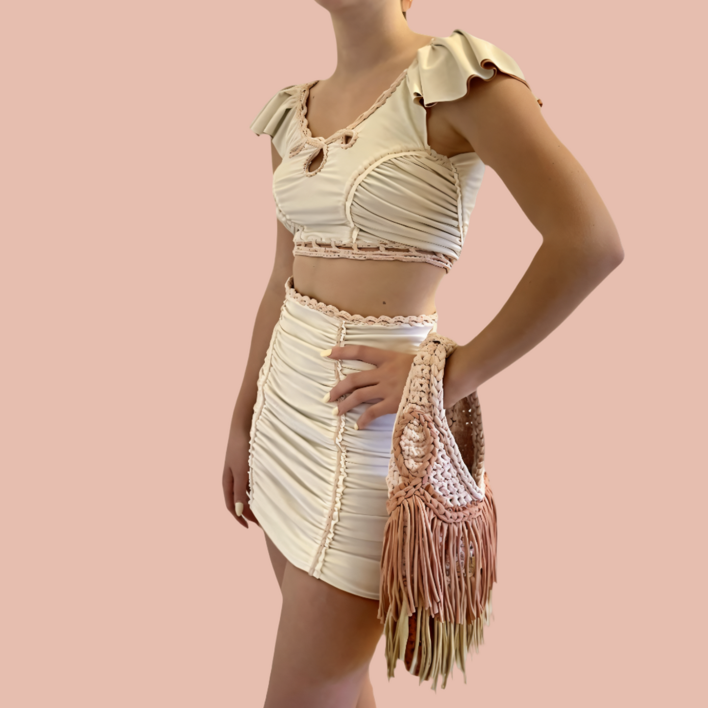 TWO PIECE SET rodeo flutter sleeve top and pencil mini skirt • cream and copper with clay cord