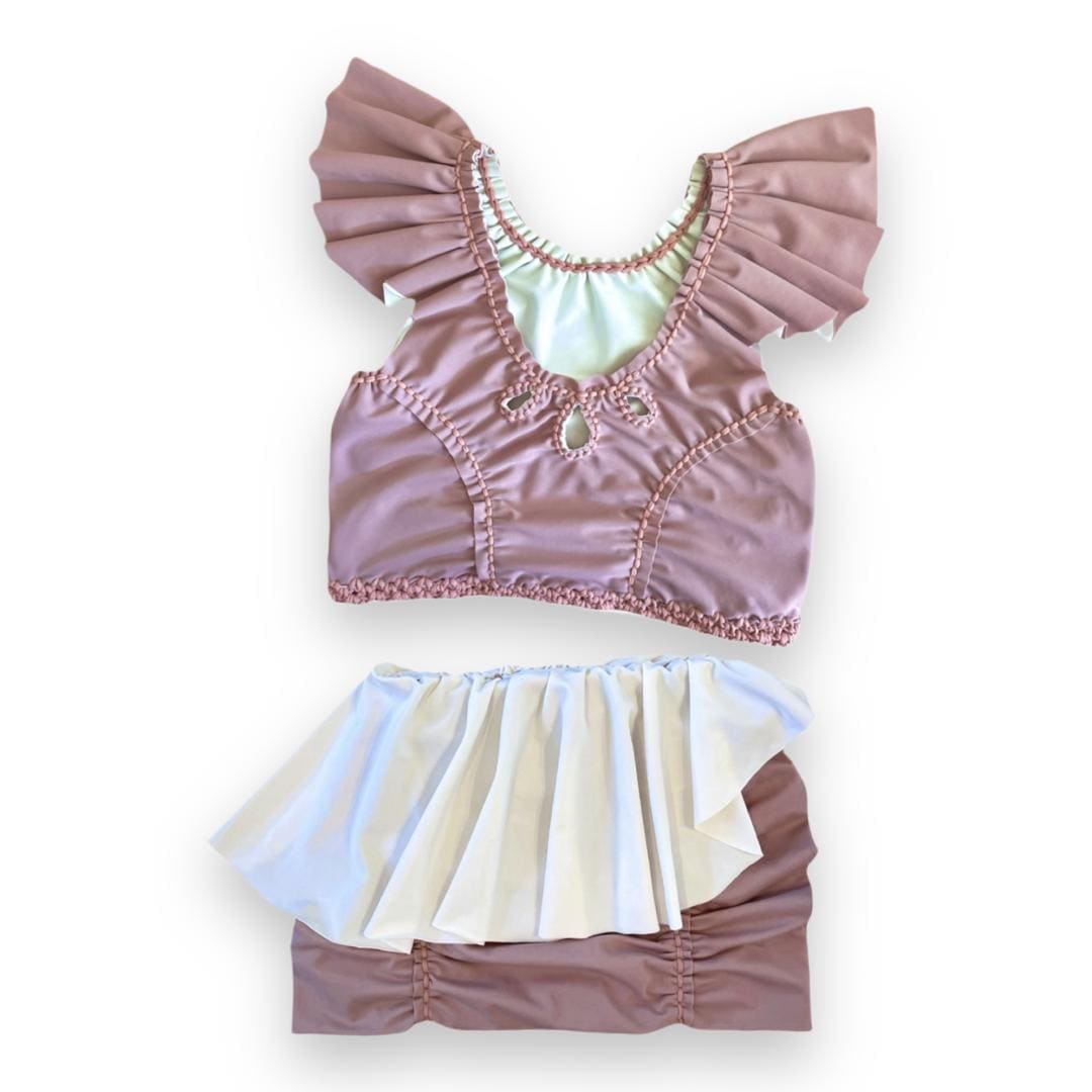 TWO PIECE SET rodeo flutter sleeve top and matching mini peplum skirt • cream and rose with blush cord