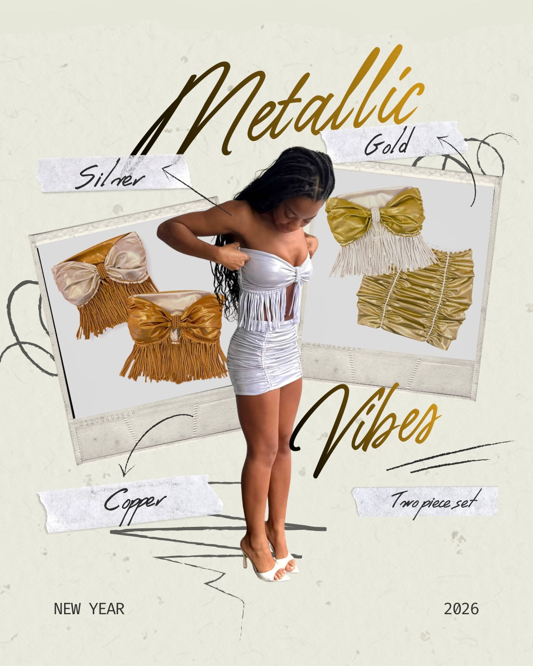 REVERSIBLE CROCHETED FRINGE BOW TOP • metallic copper and white gold