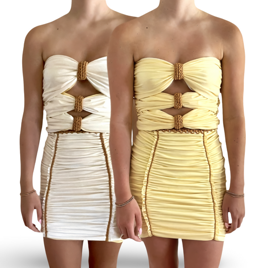 TWO PIECE SET 3 bow tube top and pencil mini skirt • yellow and cream with leather cord