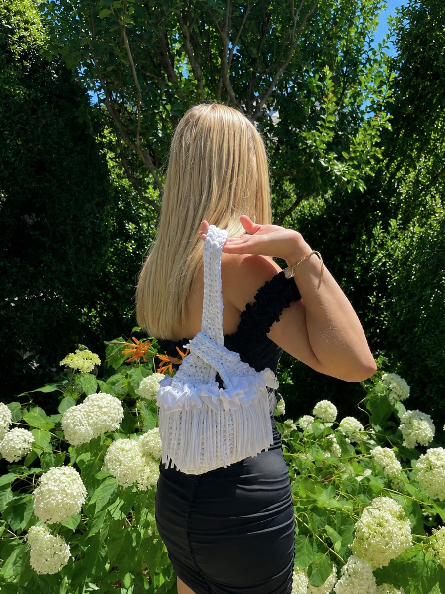 Handmade onyx black flower lei off-the-shoulder top and mini skirt matching set