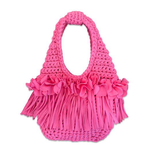 CROCHETED MINI FRINGE FLOWER WRISTLET • coral