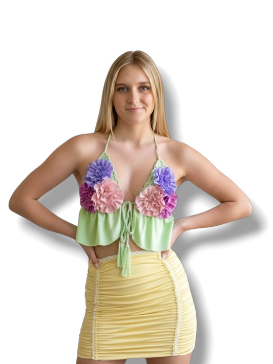 SPLIT RUFFLE FLOWER TRIANGLE TOP • multi mint