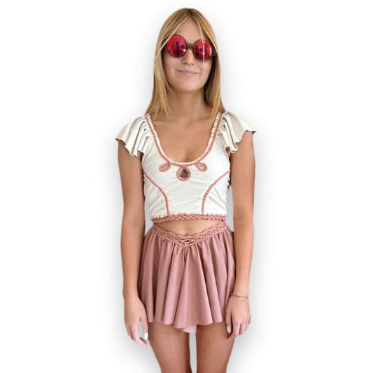 TWO PIECE SET rodeo flutter sleeve top and mini shorts • cream and rose