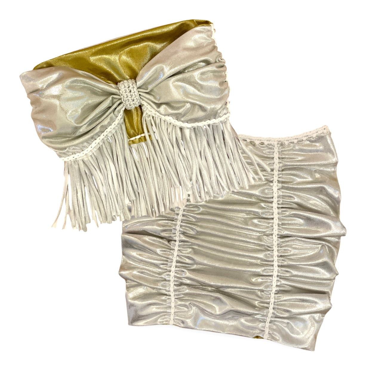 TWO PIECE SET fringe bow top and pencil mini skirt • metallic silver and gold