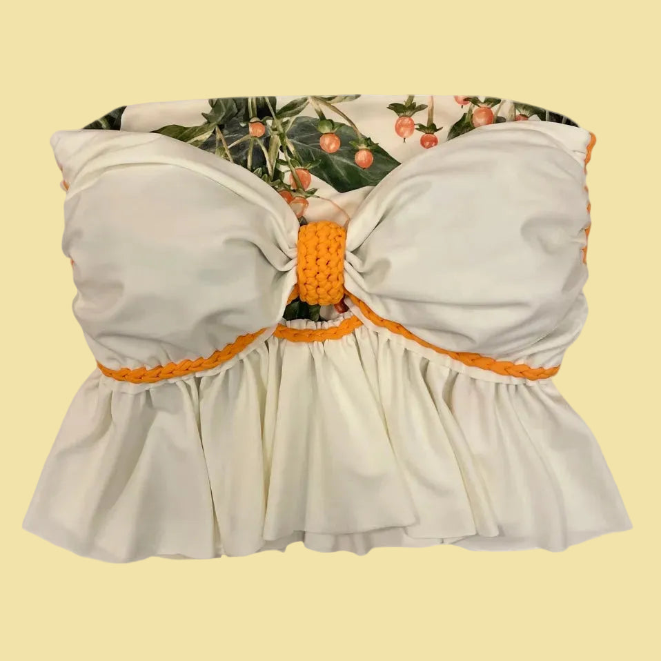 REVERSIBLE CROCHETED RUFFLE BOW TUBE TOP • botanical print