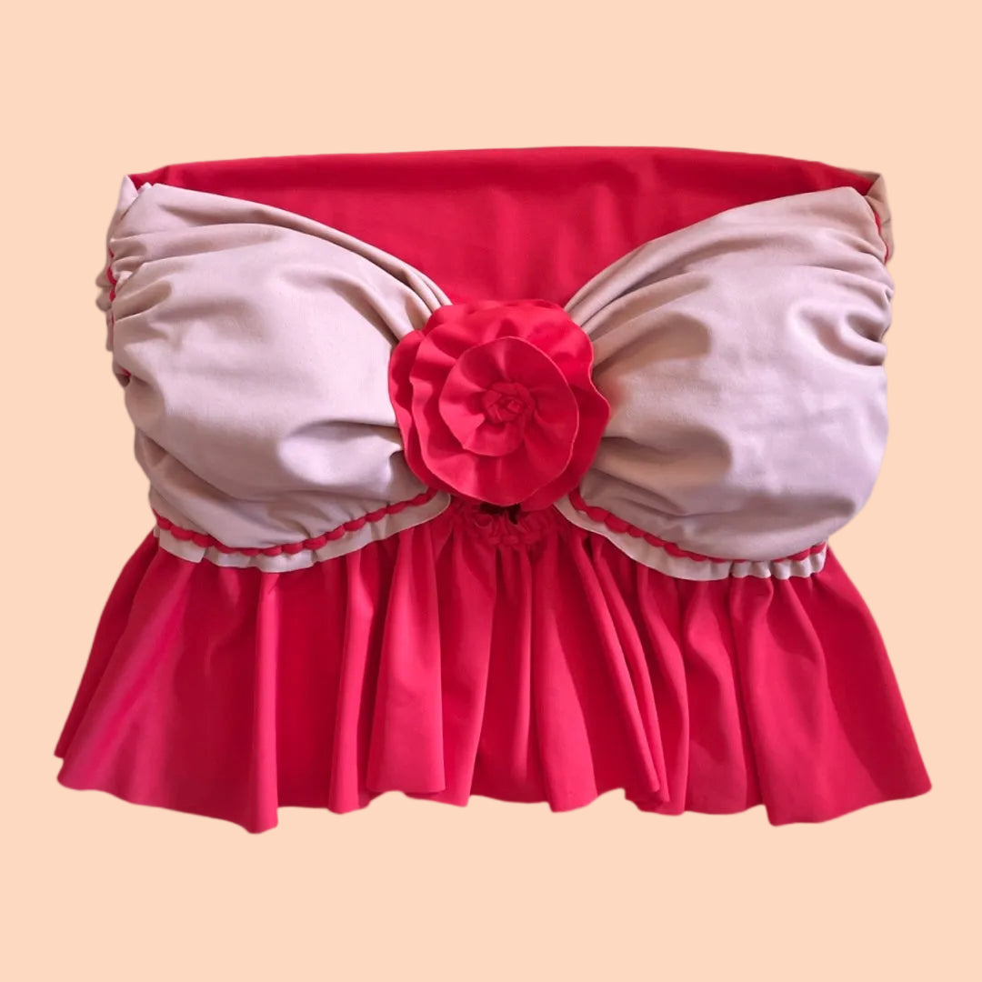 REVERSIBLE CROCHETED RUFFLE ROSE TUBE TOP • red and blush