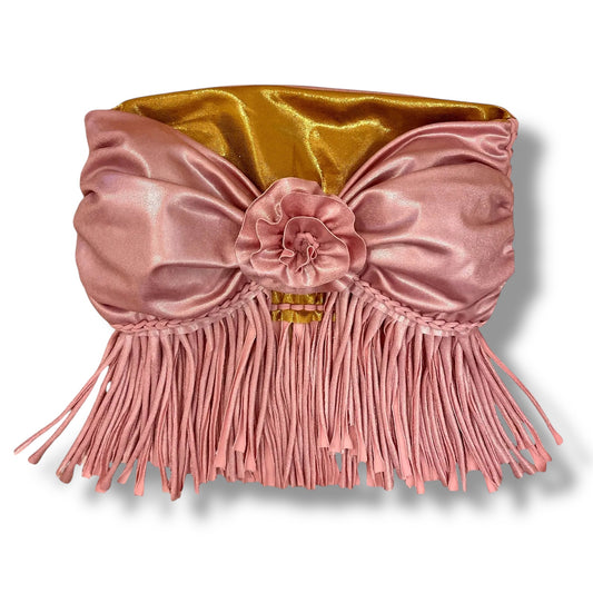 TOP REVERSIBLE DE GANCHILLO CON FLECOS Y ROSA • rosa metalizado y cobre