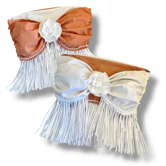 REVERSIBLE CROCHETED FRINGE ROSE TOP • white and blush