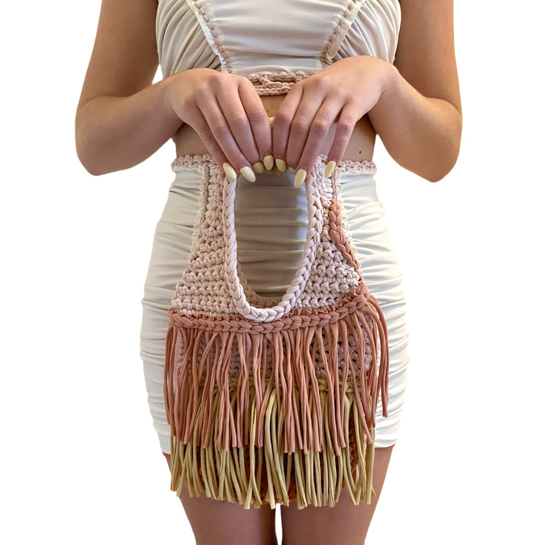 CROCHETED DOUBLE FRINGE RODEO TOTE • copper gold and blush