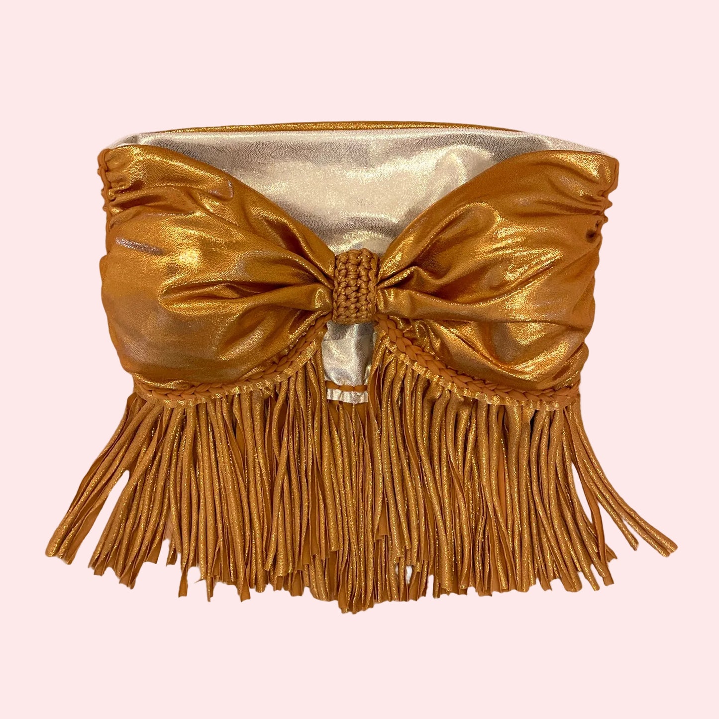 REVERSIBLE CROCHETED FRINGE BOW TOP • metallic copper and white gold