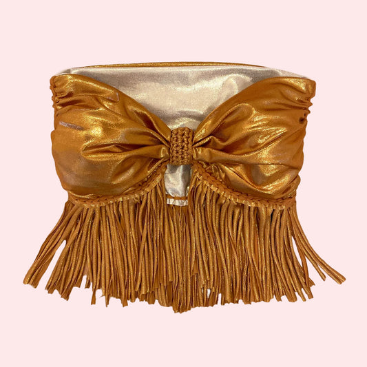 REVERSIBLE CROCHETED FRINGE BOW TOP • metallic copper and white gold