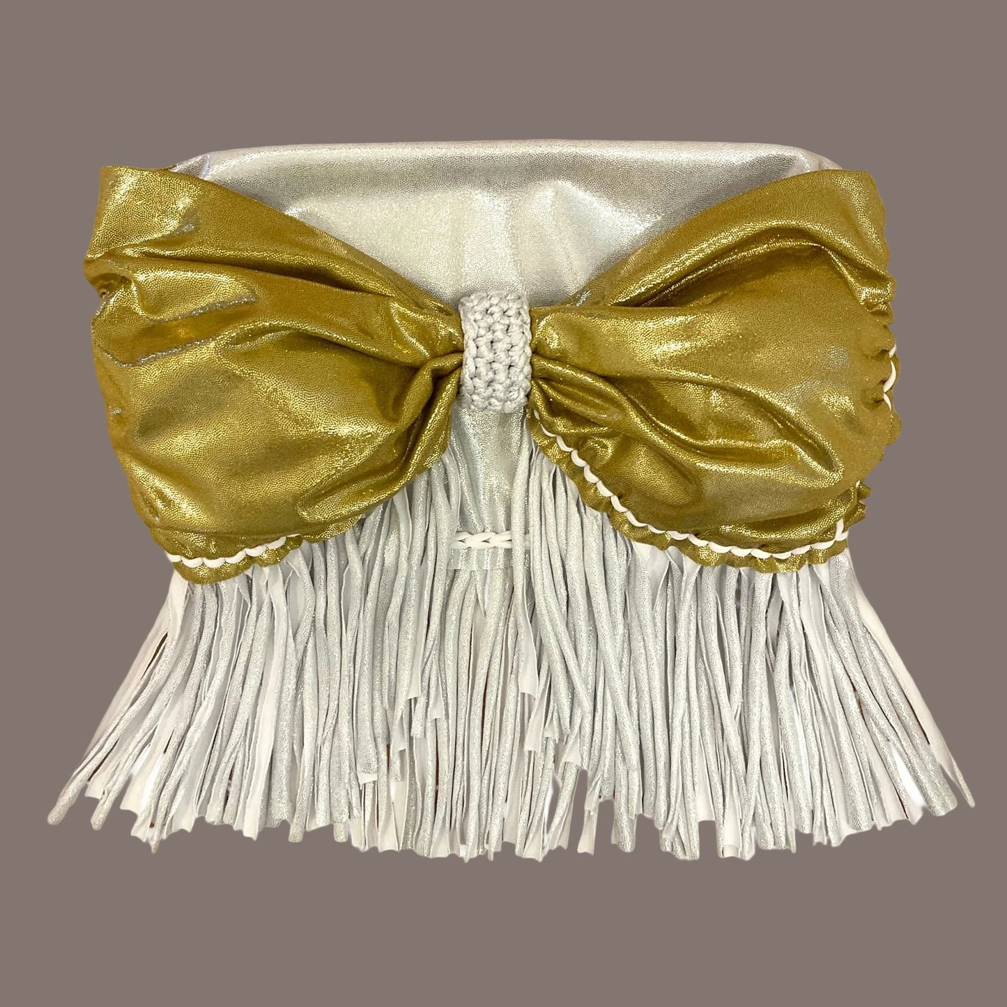 REVERSIBLE CROCHETED FRINGE BOW TOP • metallic silver and gold