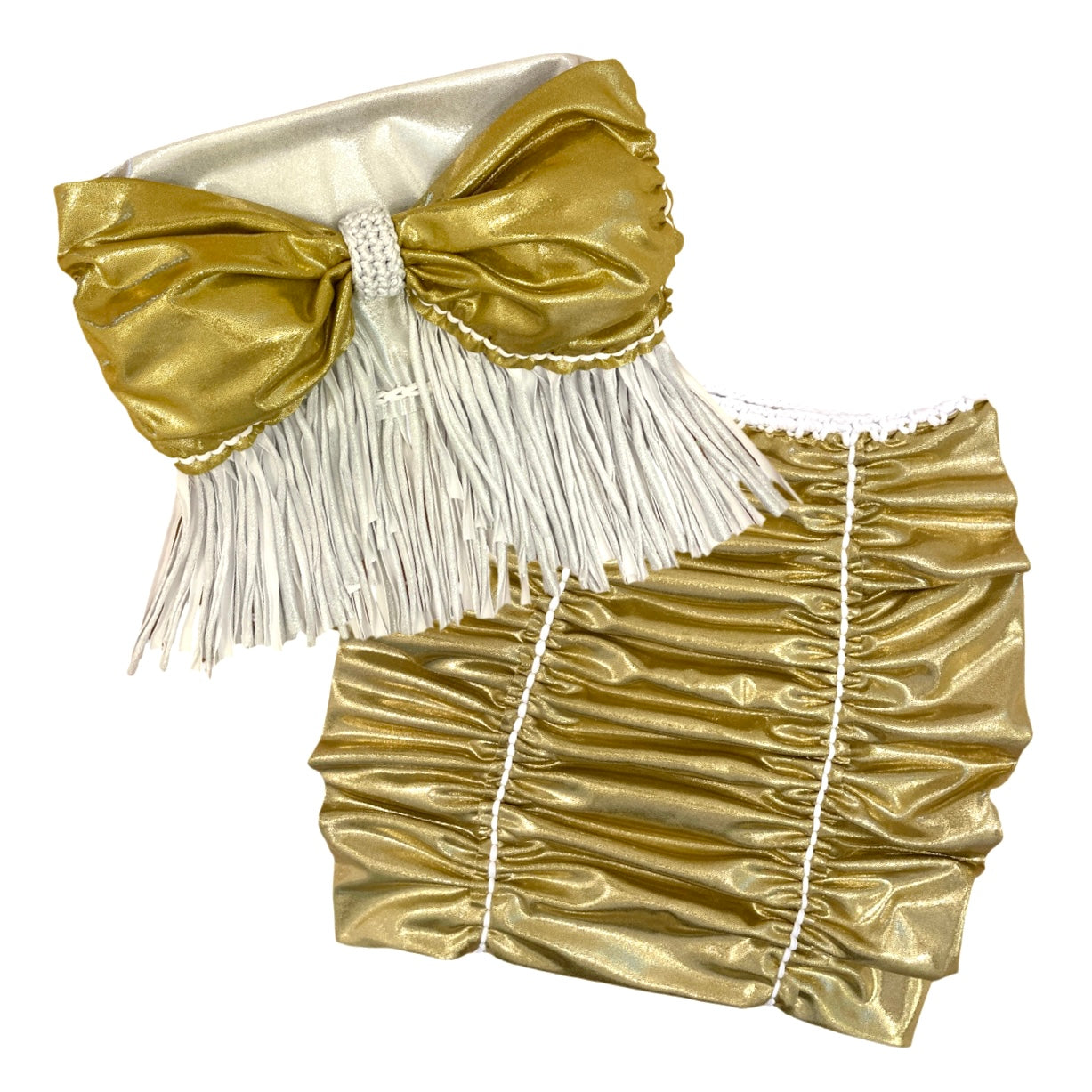 TWO PIECE SET fringe bow top and pencil mini skirt • metallic silver and gold