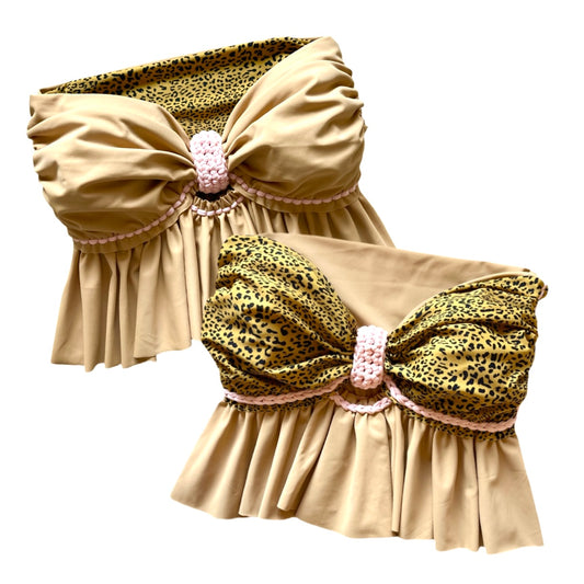 REVERSIBLE CROCHETED RUFFLE BOW TUBE TOP • cheetah print and sand with pink cord