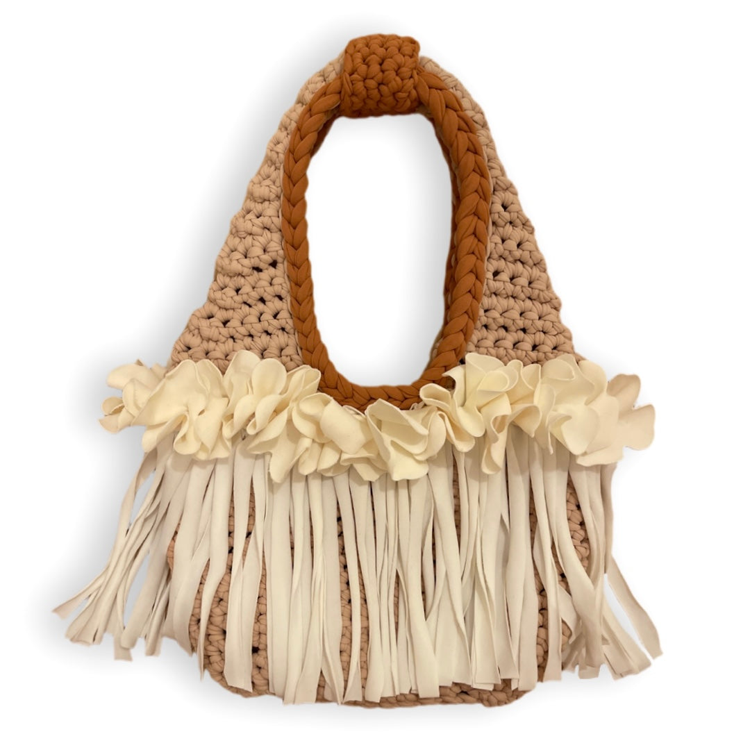 CROCHETED MINI FLOWER FRINGE WRISTLET • cream and copper