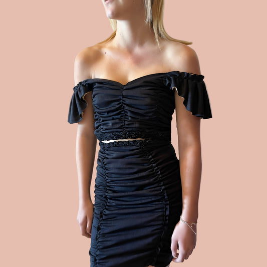 TWO PIECE SET flutter sleeve top and pencil mini skirt • black and cream