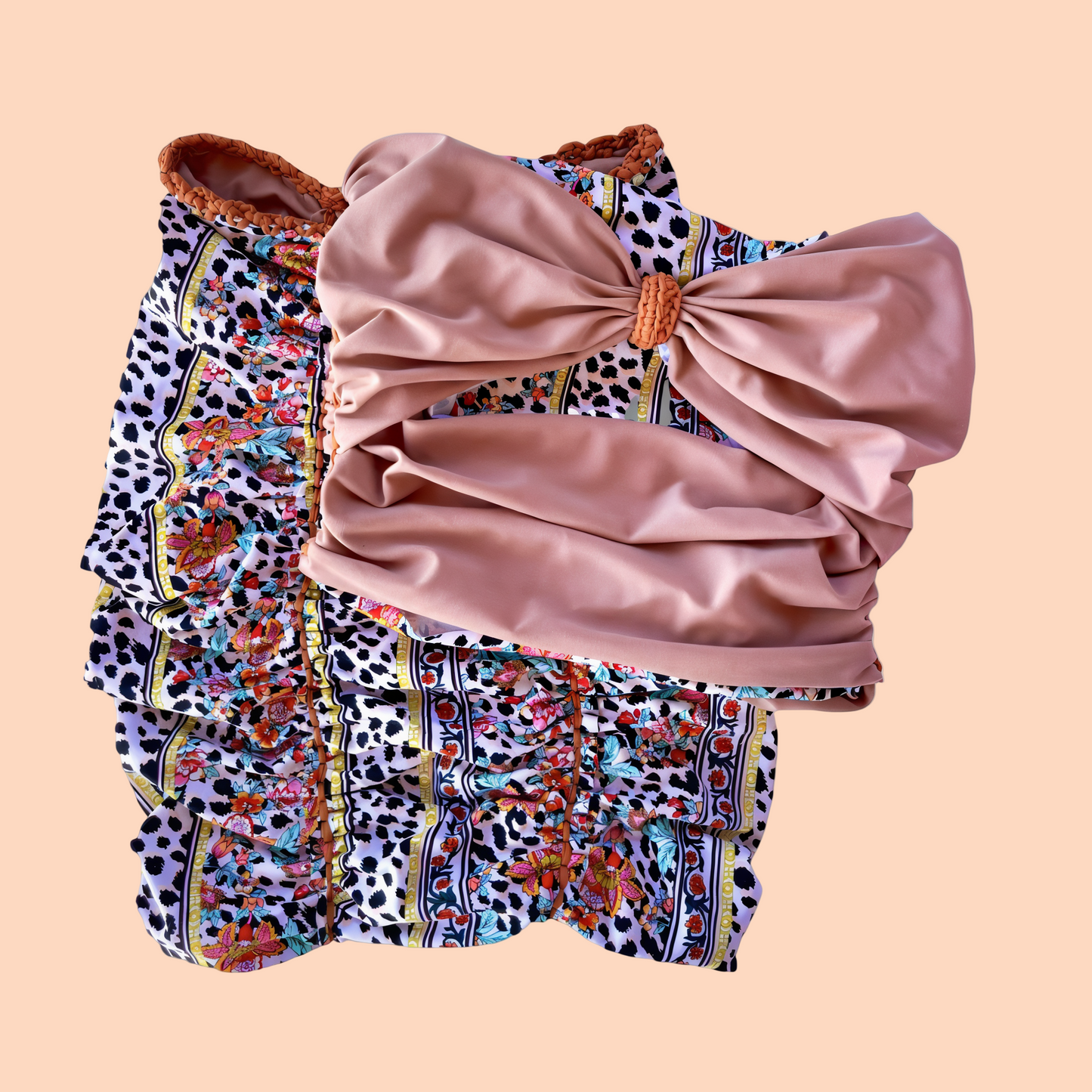 TWO PIECE SET • bow tie tube top and pencil mini skirt • rose and animal print with copper cord