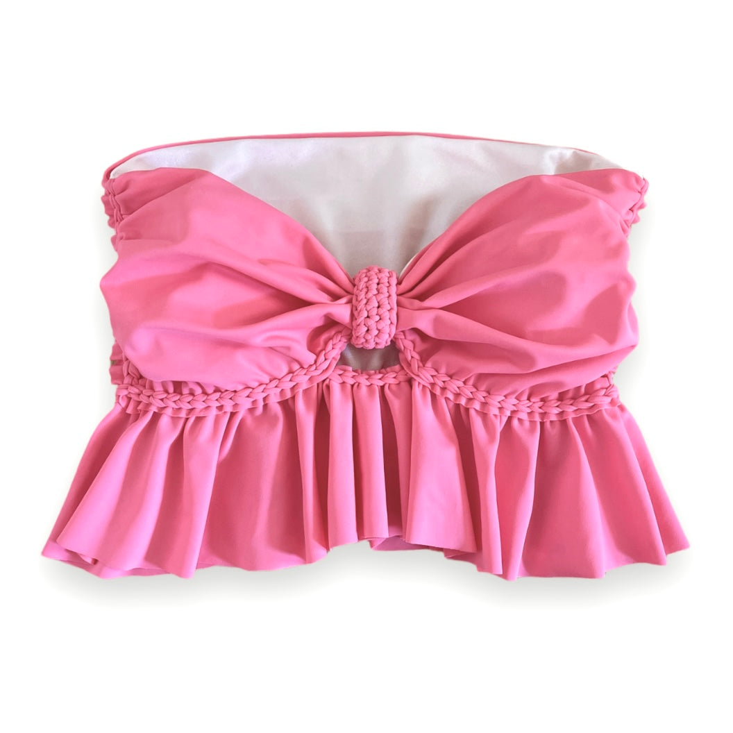 REVERSIBLE CROCHETED RUFFLE BOW TUBE TOP • coral and pink