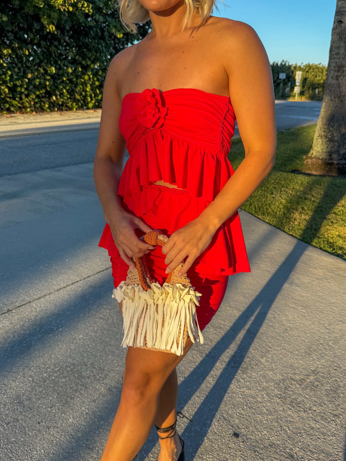 TWO PIECE SET ruffle rose top and peplum mini skirt • red and blush