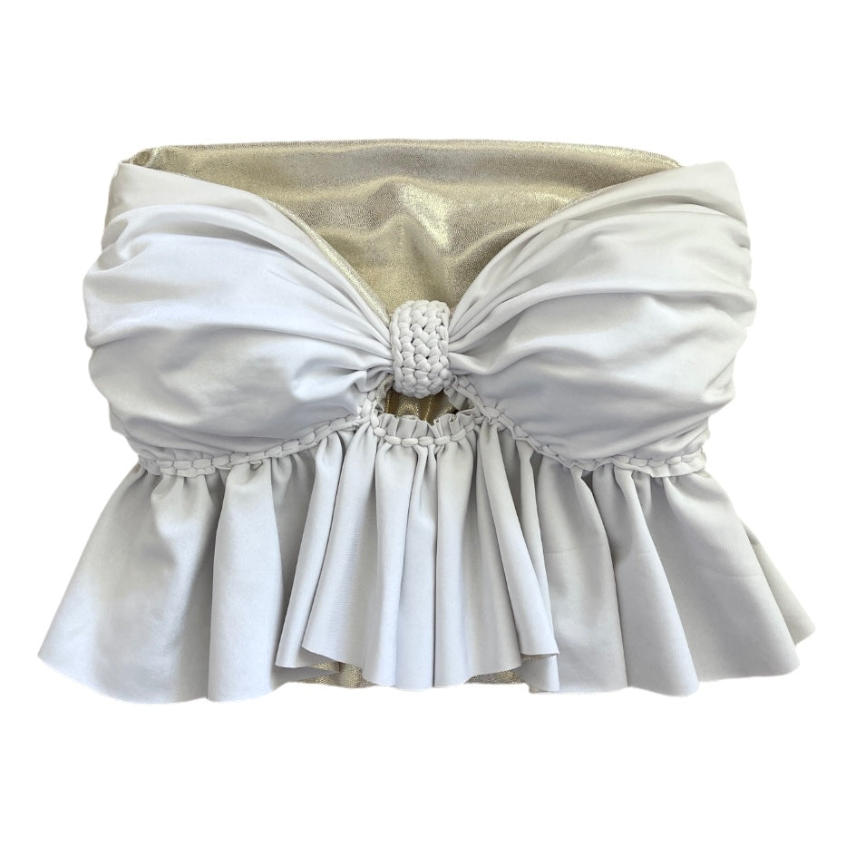 REVERSIBLE CROCHETED RUFFLE BOW TUBE TOP • metallic white gold and white