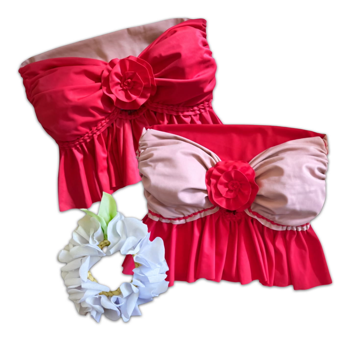 TWO PIECE SET ruffle rose top and peplum mini skirt • red and blush
