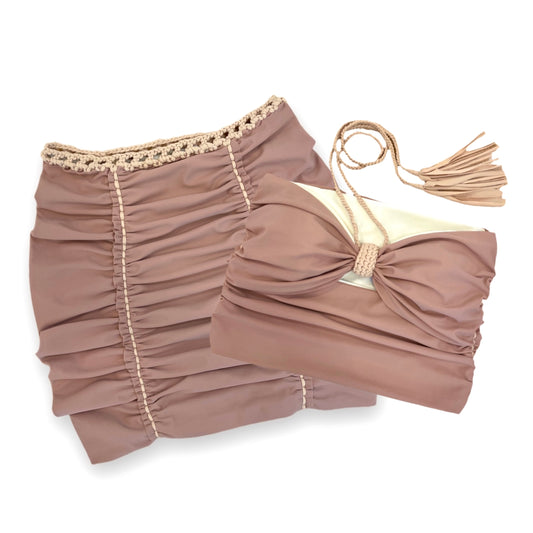 TWO PIECE SET bow tie tube top and pencil mini skirt • cream and rose with clay cord
