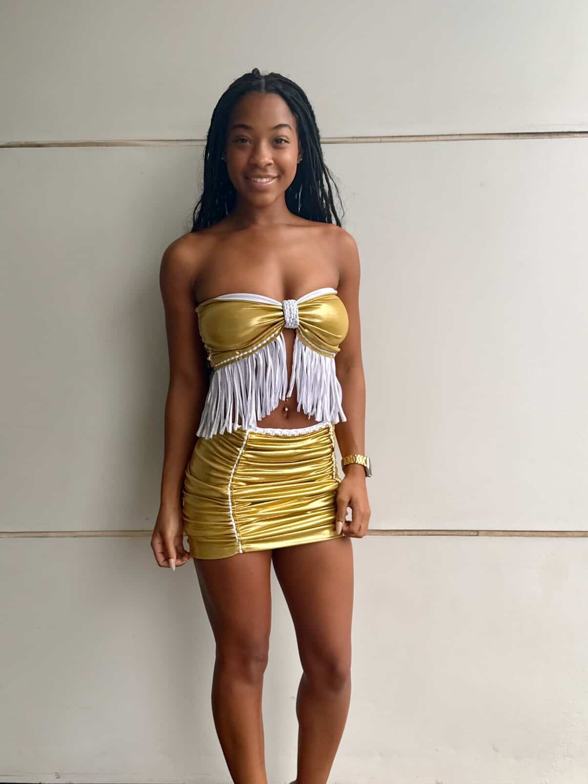 REVERSIBLE CROCHETED FRINGE BOW TOP • metallic silver and gold