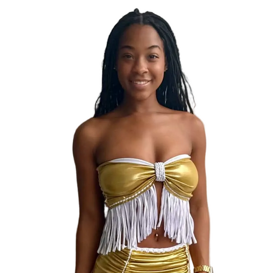 REVERSIBLE CROCHETED FRINGE BOW TOP • metallic silver and gold