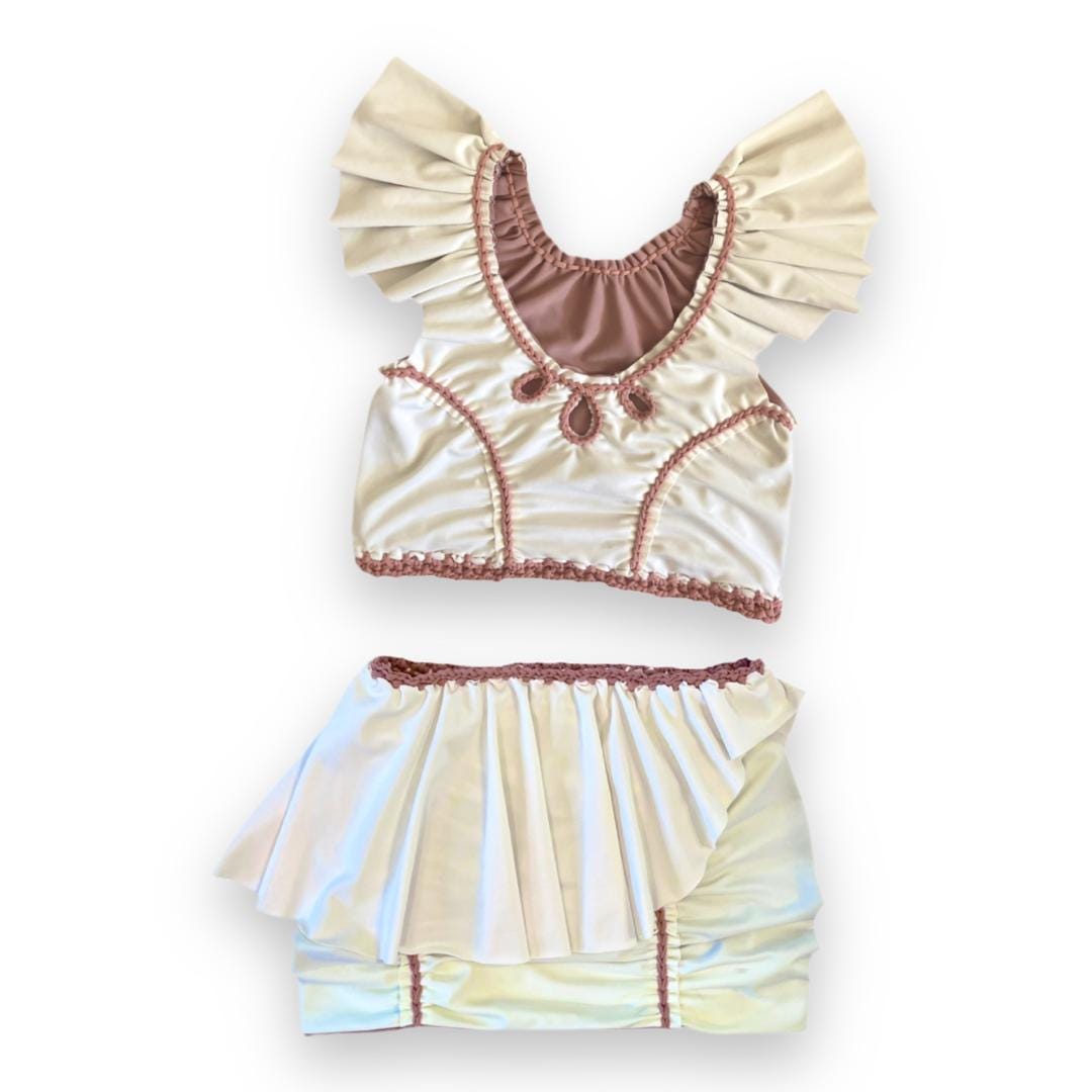 TWO PIECE SET rodeo flutter sleeve top and matching mini peplum skirt • cream and rose with blush cord