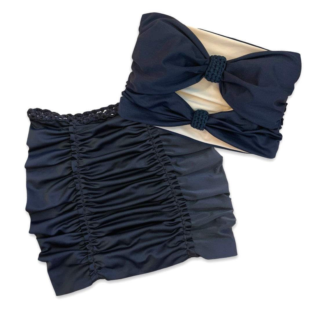 TWO PIECE SET 2 bow tube top and pencil mini skirt • black and clay