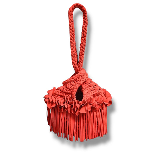 CROCHETED MINI FLOWER FRINGE KNOT WRISTLET • red