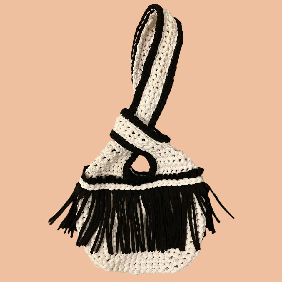 CROCHETED MINI FRINGE KNOT WRISTLET • black and white