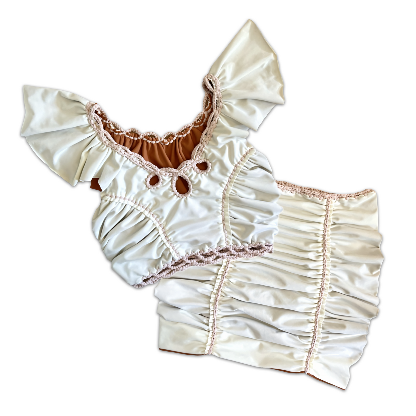 TWO PIECE SET rodeo flutter sleeve top and pencil mini skirt • cream and copper with clay cord