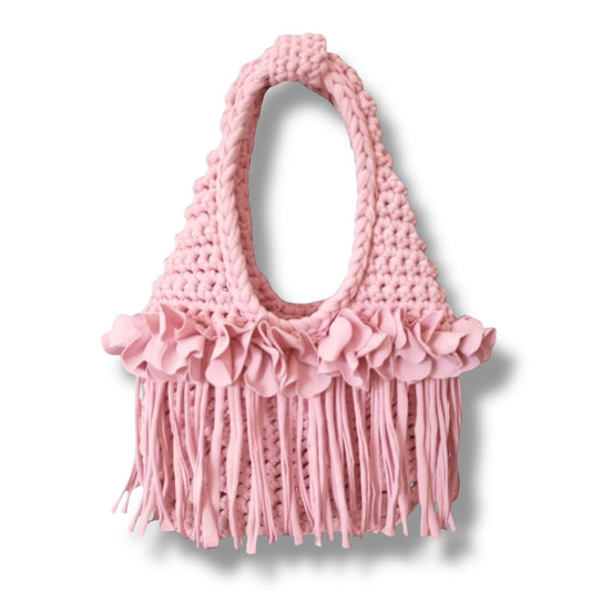 CROCHETED MINI FLOWER FRINGE WRISTLET • light pink
