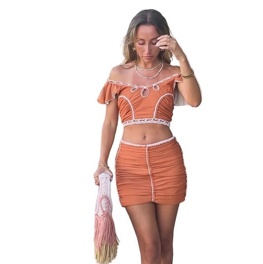 TWO PIECE SET rodeo flutter sleeve top and pencil mini skirt • cream and copper with clay cord