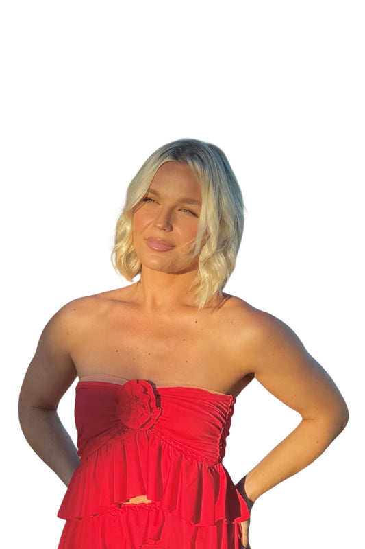 REVERSIBLE CROCHETED RUFFLE ROSE TUBE TOP • red and blush