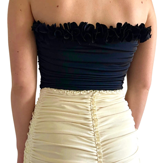 SWEETHEART FLOWER LEI TUBE TOP • black and sand