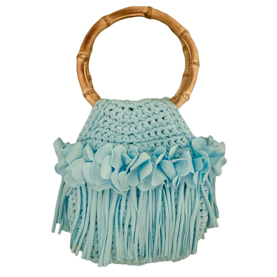 CROCHETED MINI FLOWER FRINGE WRISTLET WITH BAMBOO HANDLES • aqua