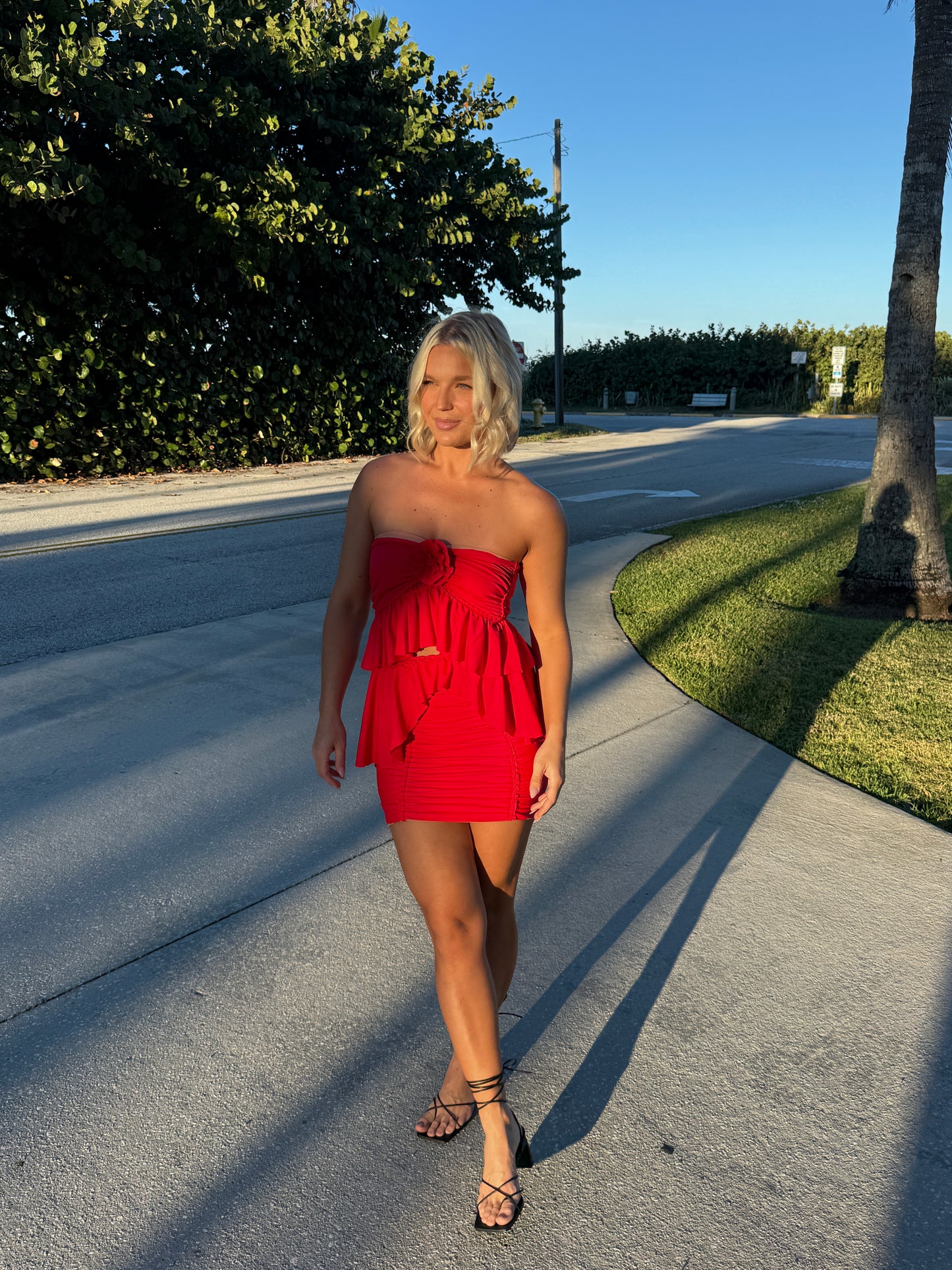 TWO PIECE SET ruffle rose top and peplum mini skirt • red and blush