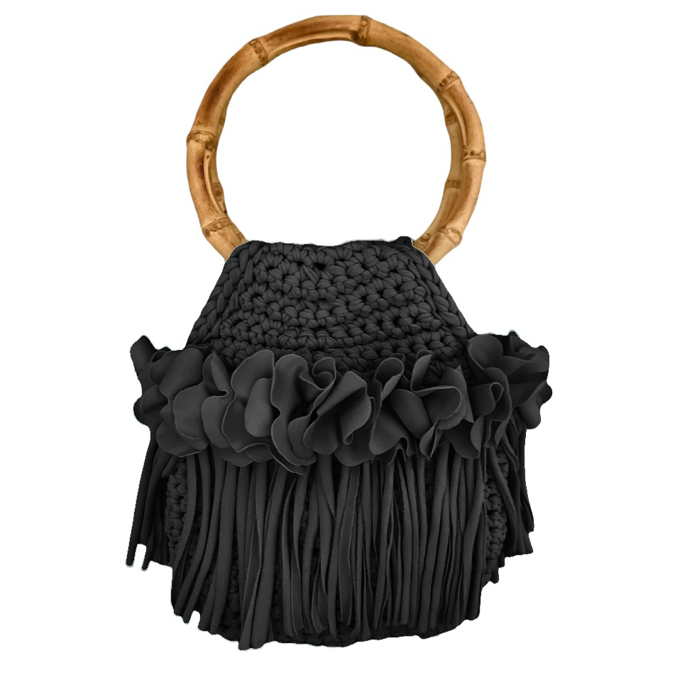 CROCHETED MINI FLOWER FRINGE WRISTLET WITH BAMBOO HANDLES • black or white