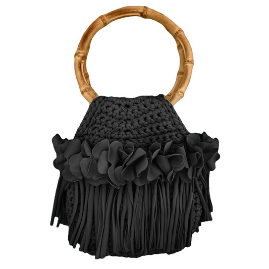 CROCHETED MINI FLOWER FRINGE WRISTLET WITH BAMBOO HANDLES • black or white