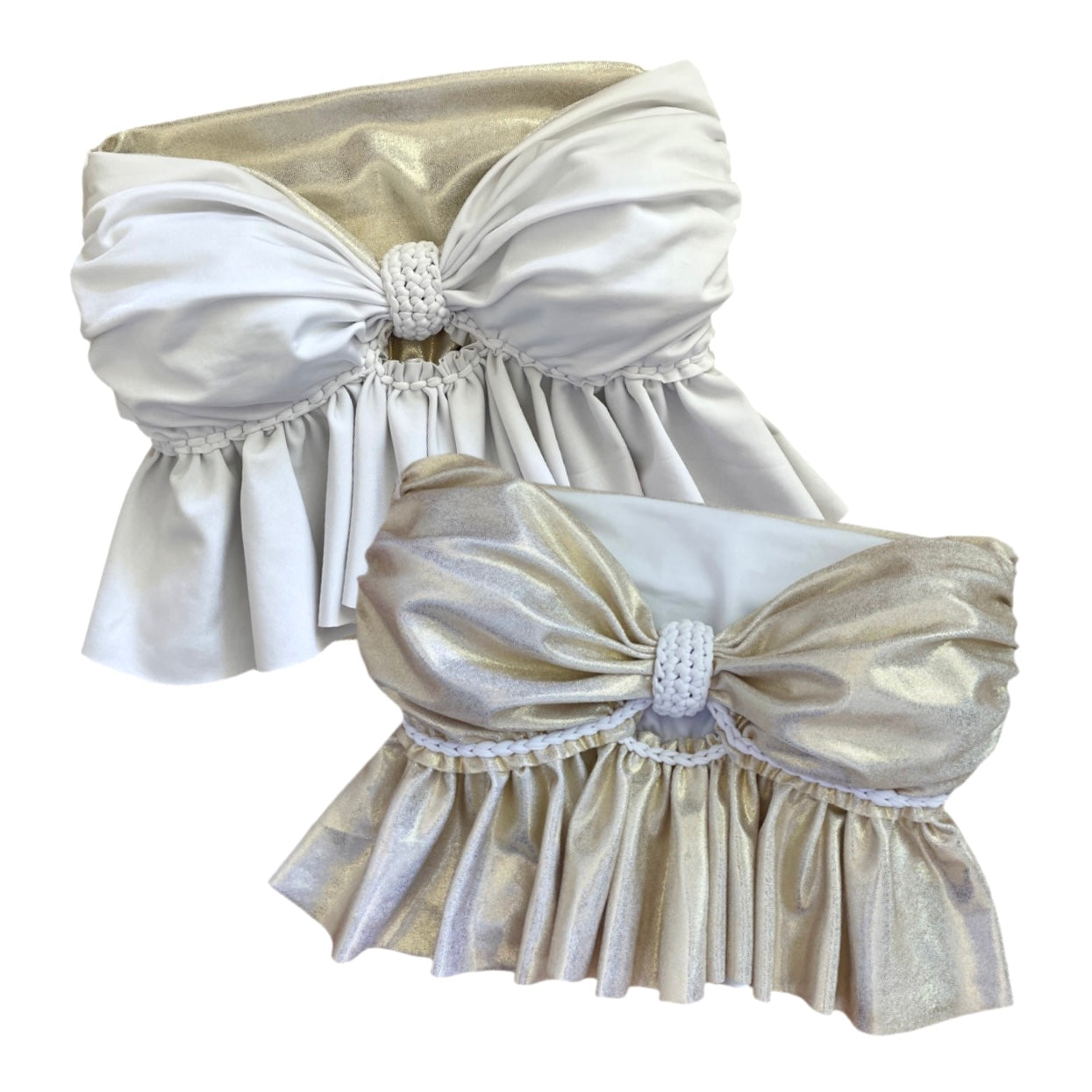 REVERSIBLE CROCHETED RUFFLE BOW TUBE TOP • metallic white gold and white